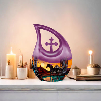 10-Inch Horse-themed Cross Drop Memorial Urn for ashes