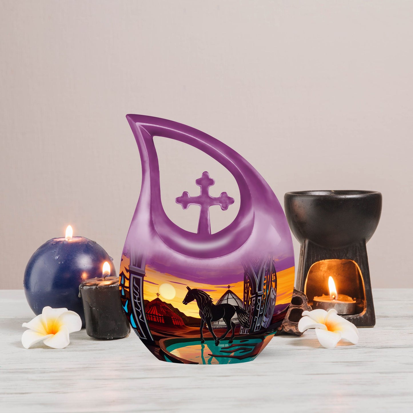 10-Inch Horse-themed Cross Drop Memorial Urn for ashes