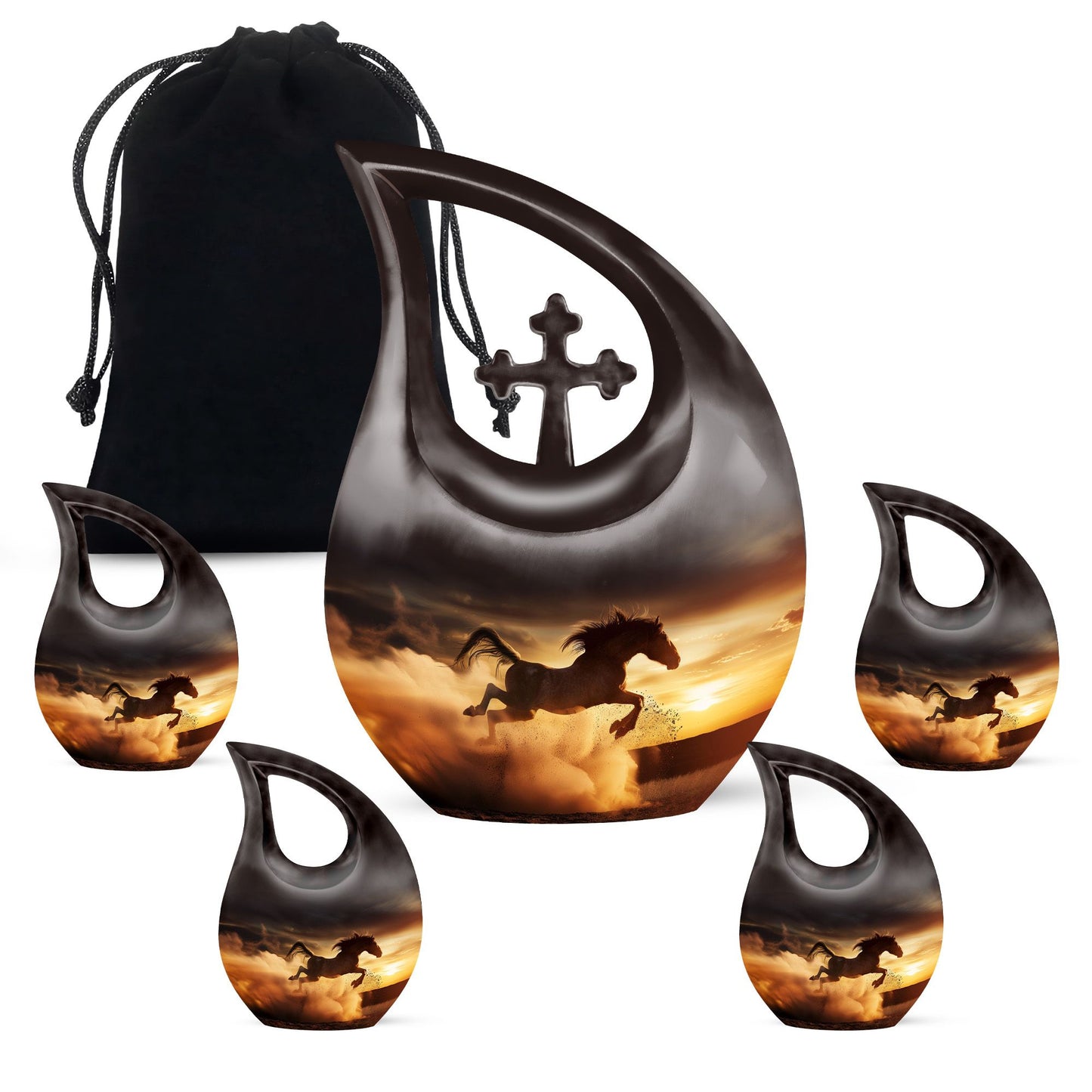 Horse Theme Large Urn With 4 Keepsake Urn