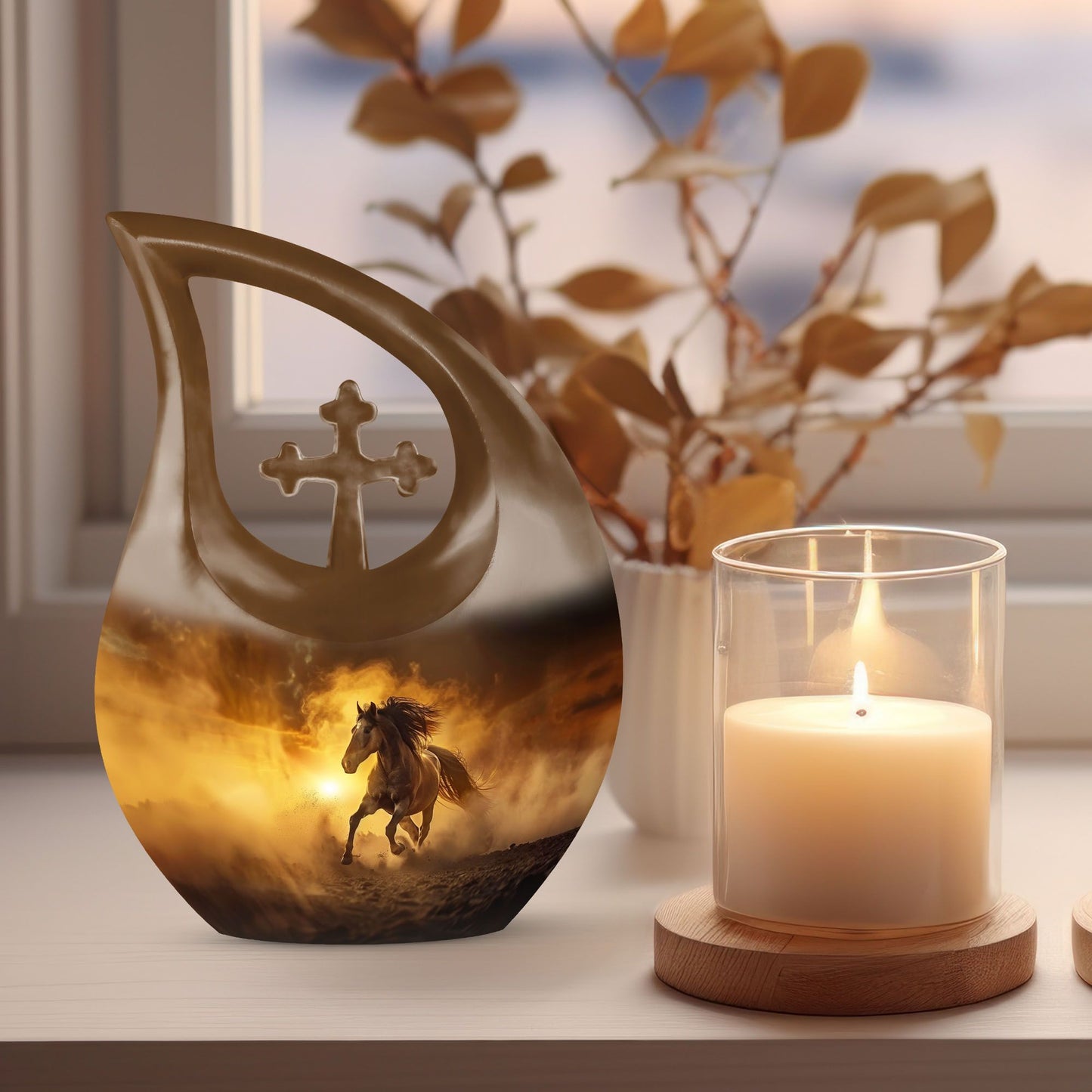 10-inch Horse-themed Cross Drop memorial urn