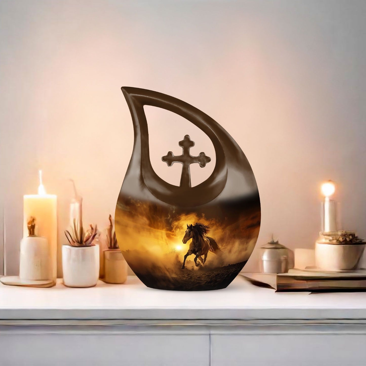 10-inch Horse-themed Cross Drop memorial urn