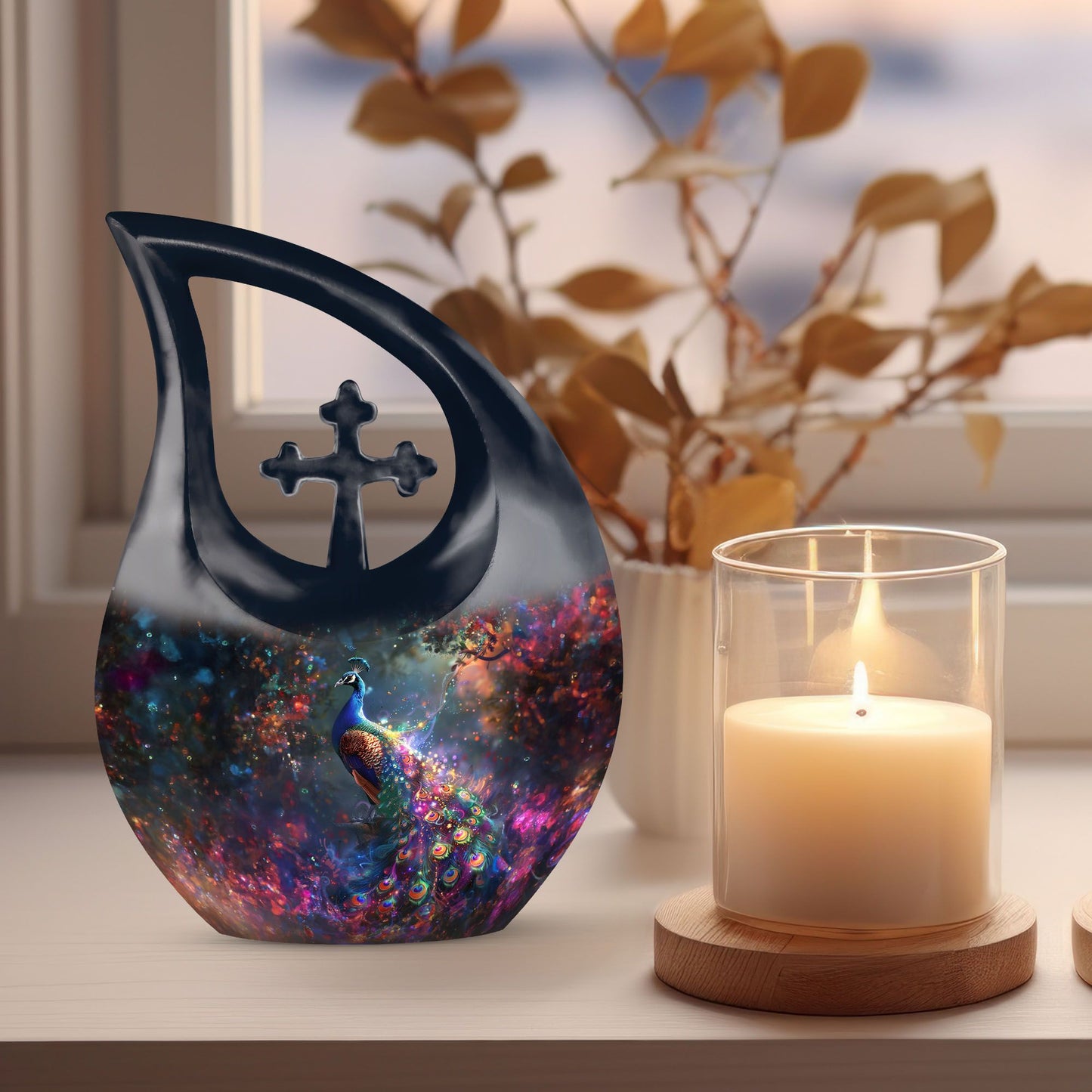 10-inch peacock theme cross drop urn