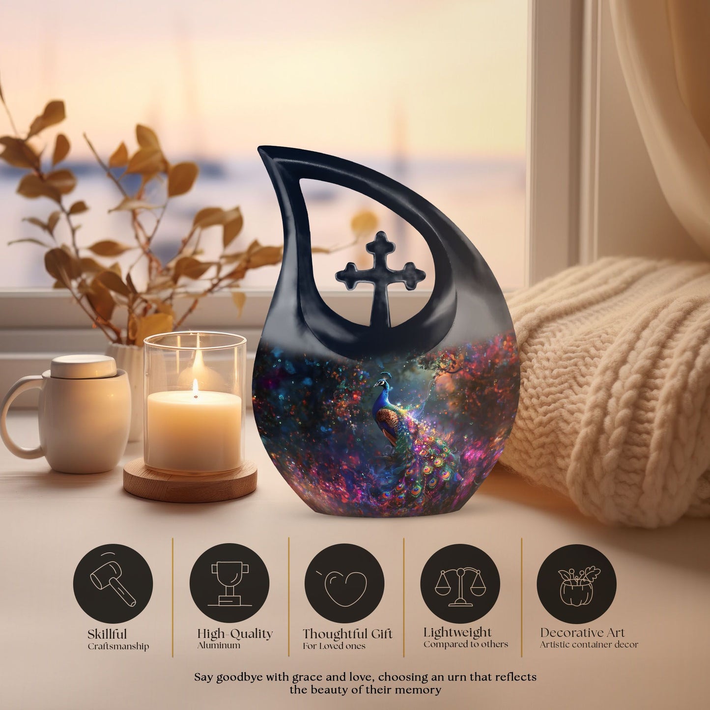 10-inch peacock theme cross drop urn