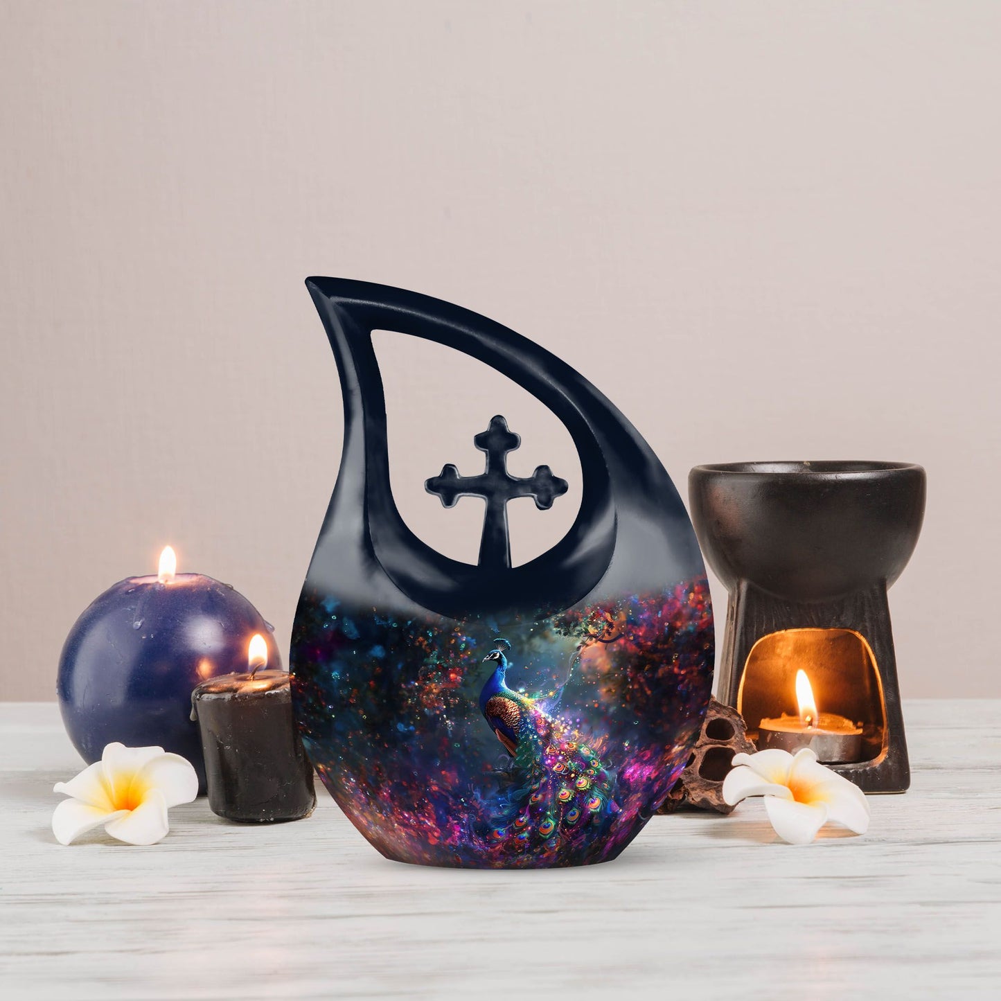10-inch peacock theme cross drop urn
