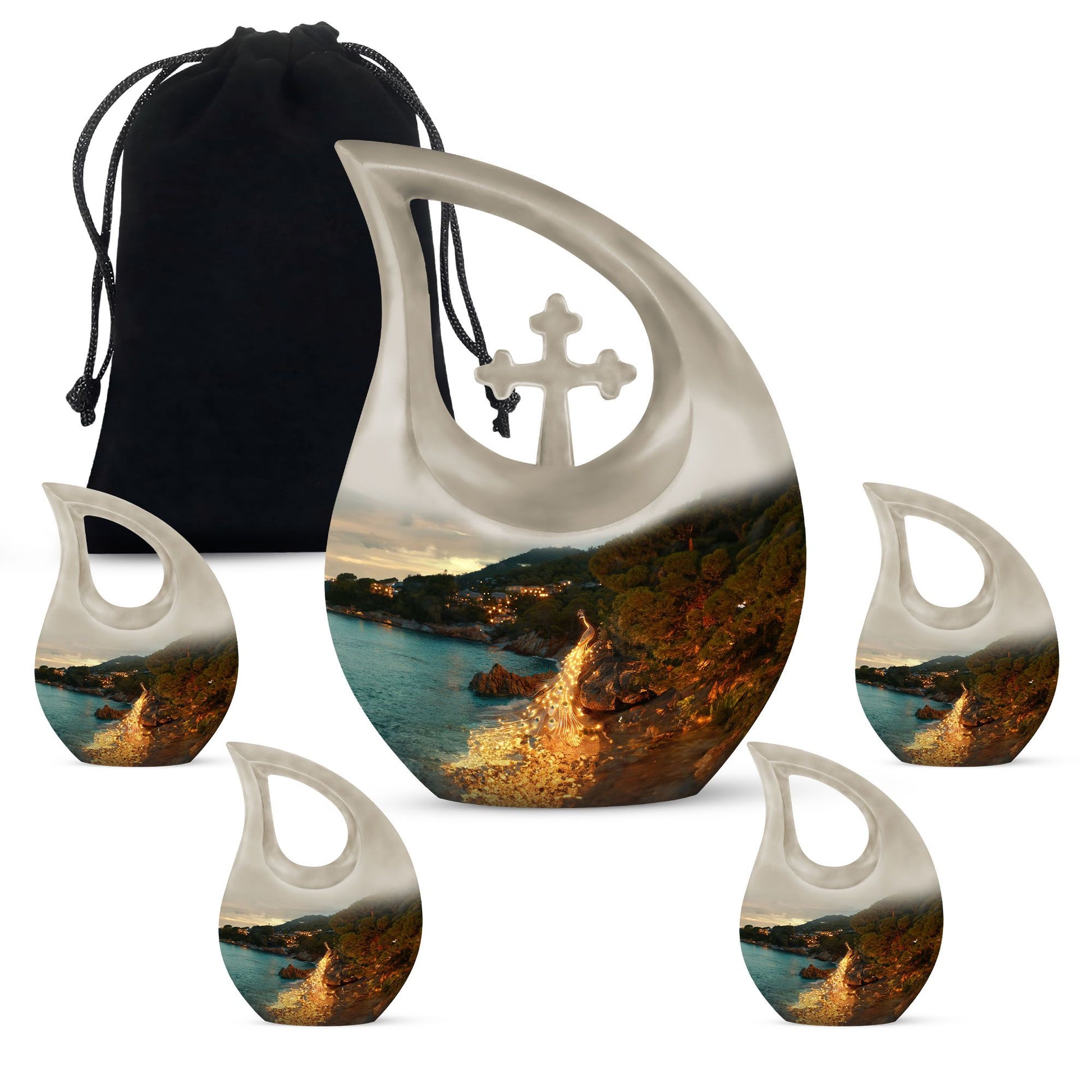 Peacock Theme Large Urn With 4 Keepsake Urn