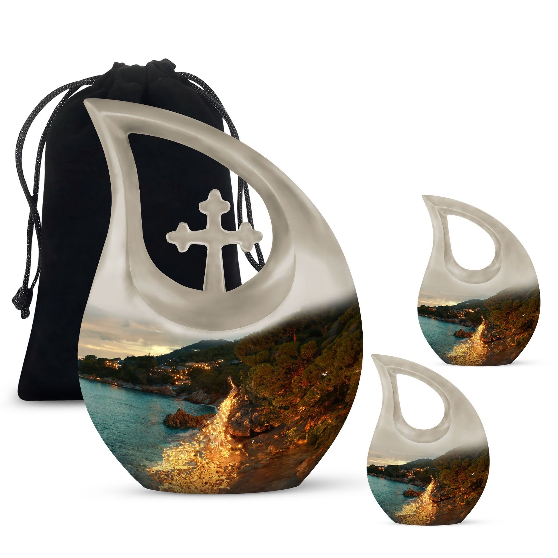 Peacock Theme Large Urn With 2 Keepsake Urn