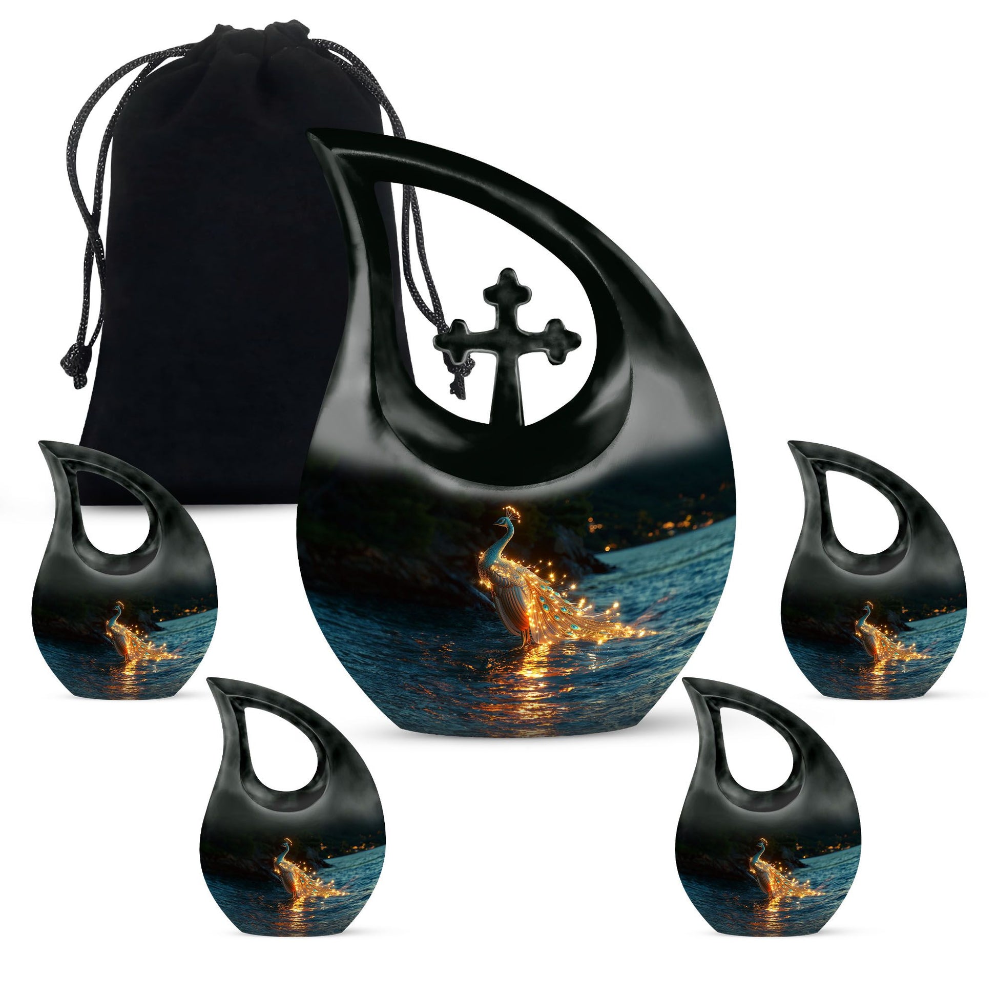 Peacock Theme Large Urn With 4 Keepsake Urn