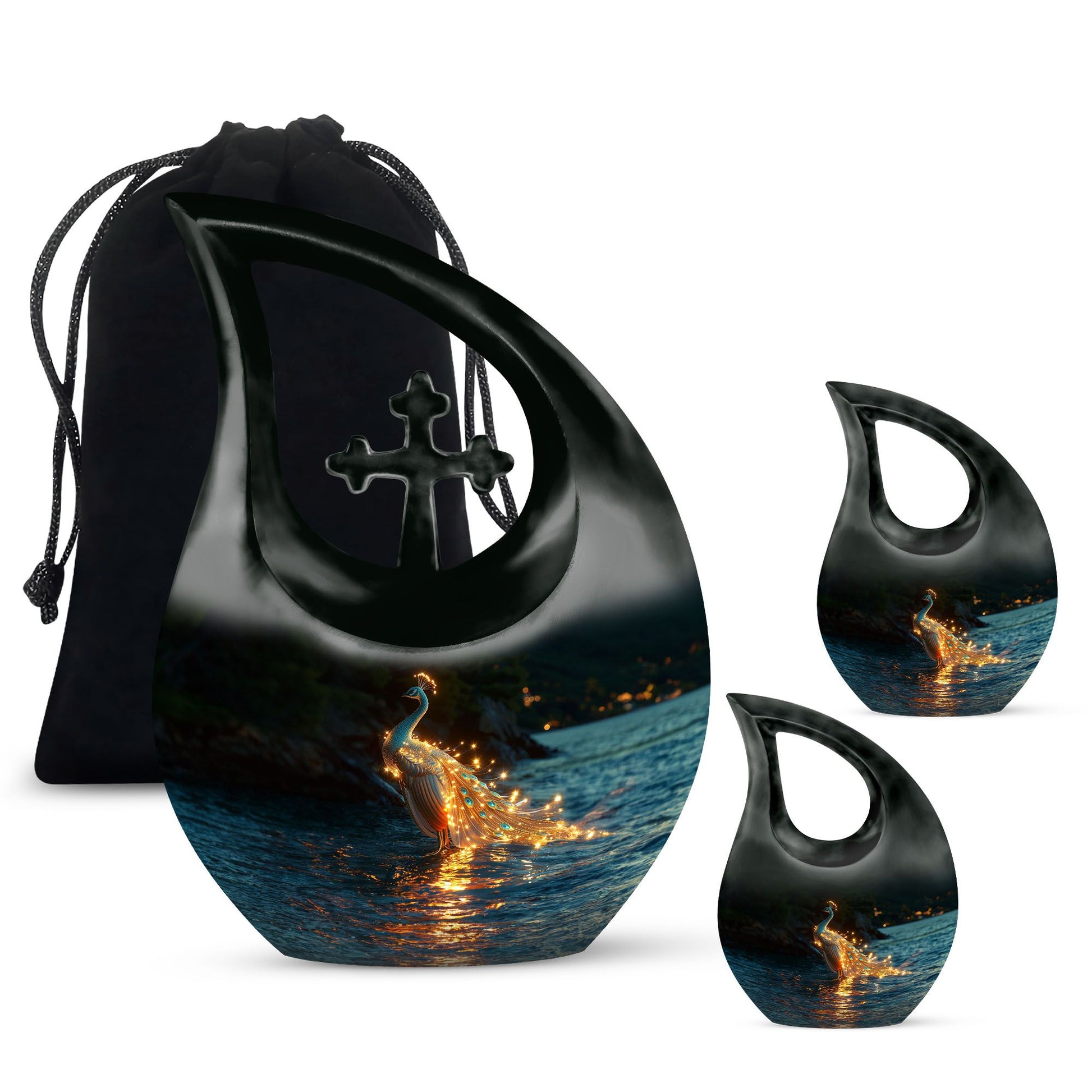 Peacock Theme Large Urn With 2 Keepsake Urn