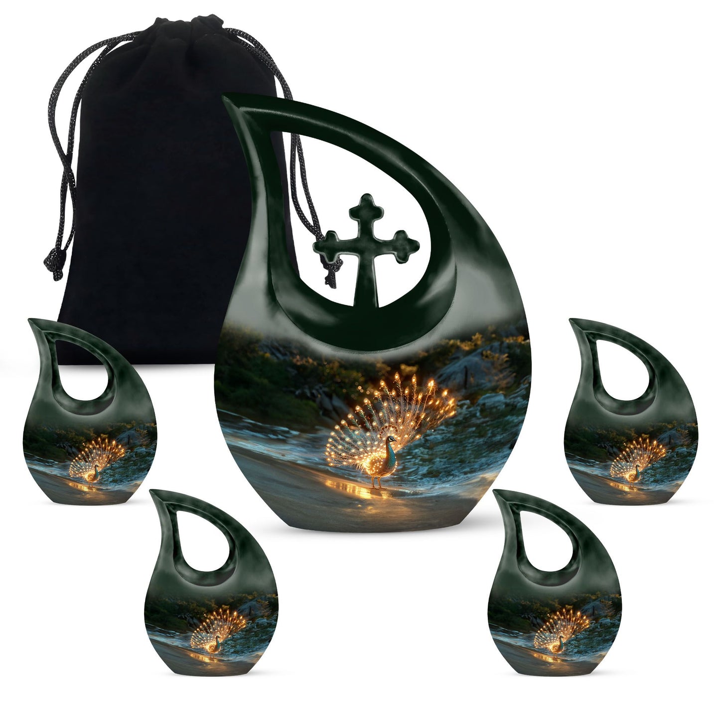 Peacock Theme Large Urn With 4 Keepsake Urn