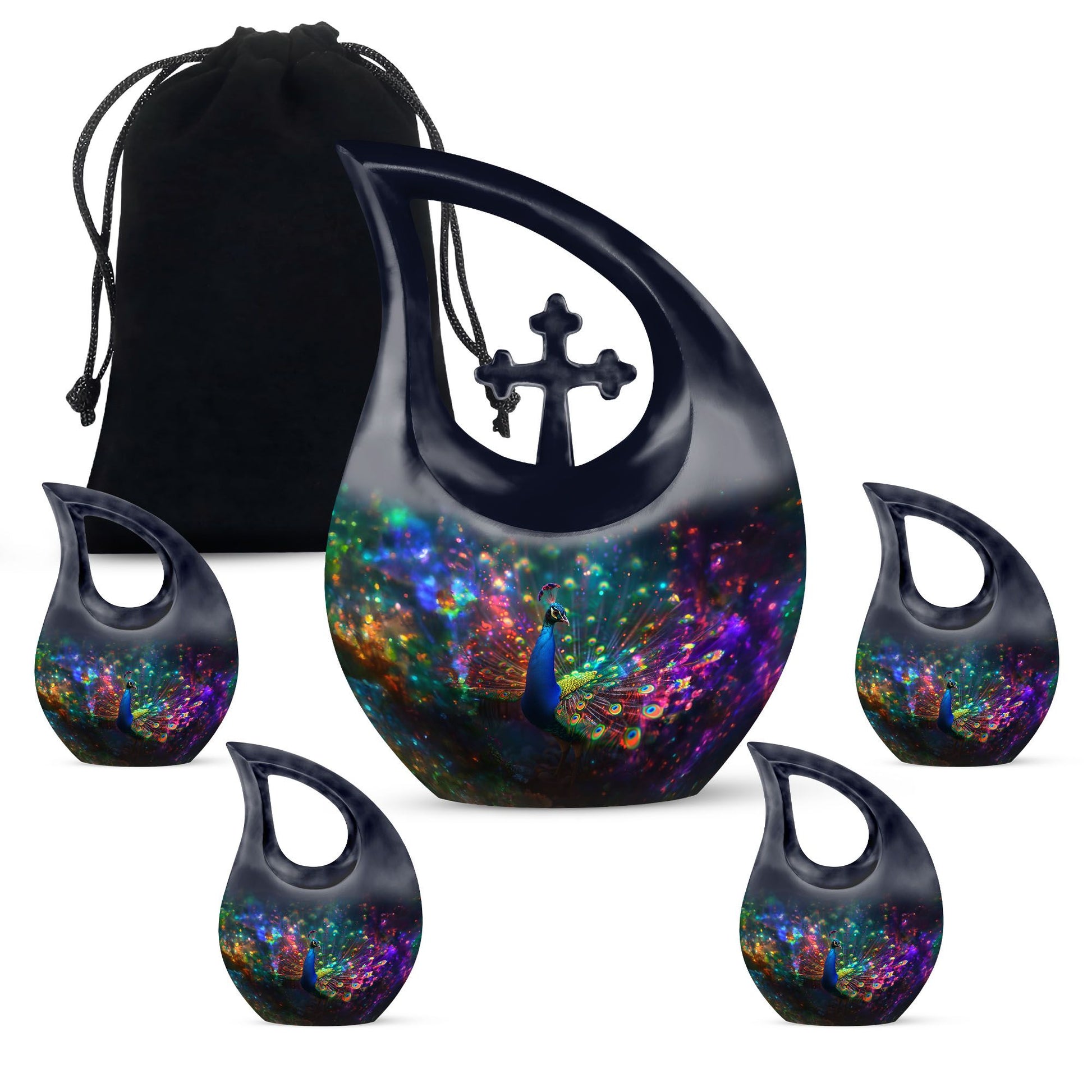 Peacock Theme Large Urn With 4 Keepsake Urn