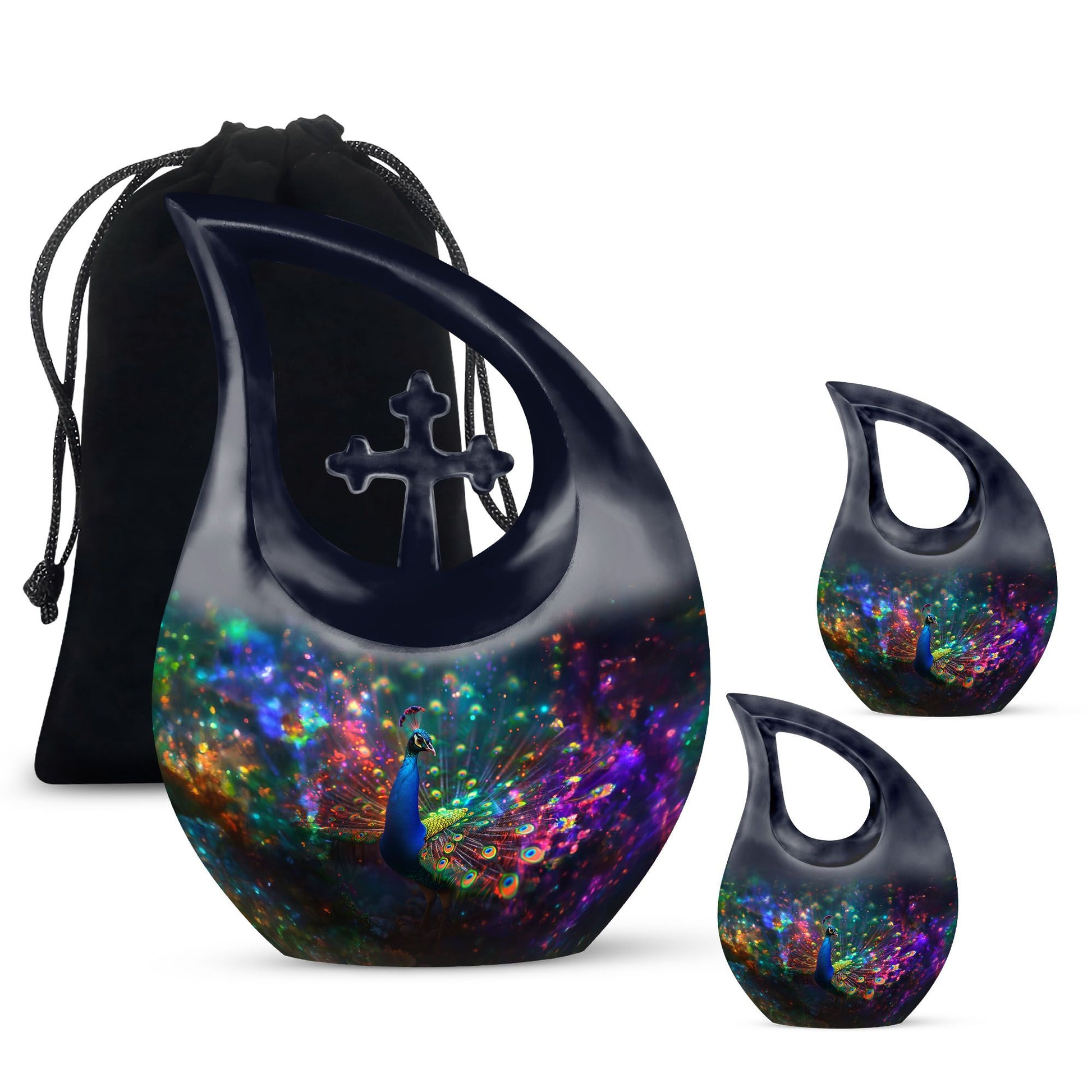 Peacock Theme Large Urn With 2 Keepsake Urn