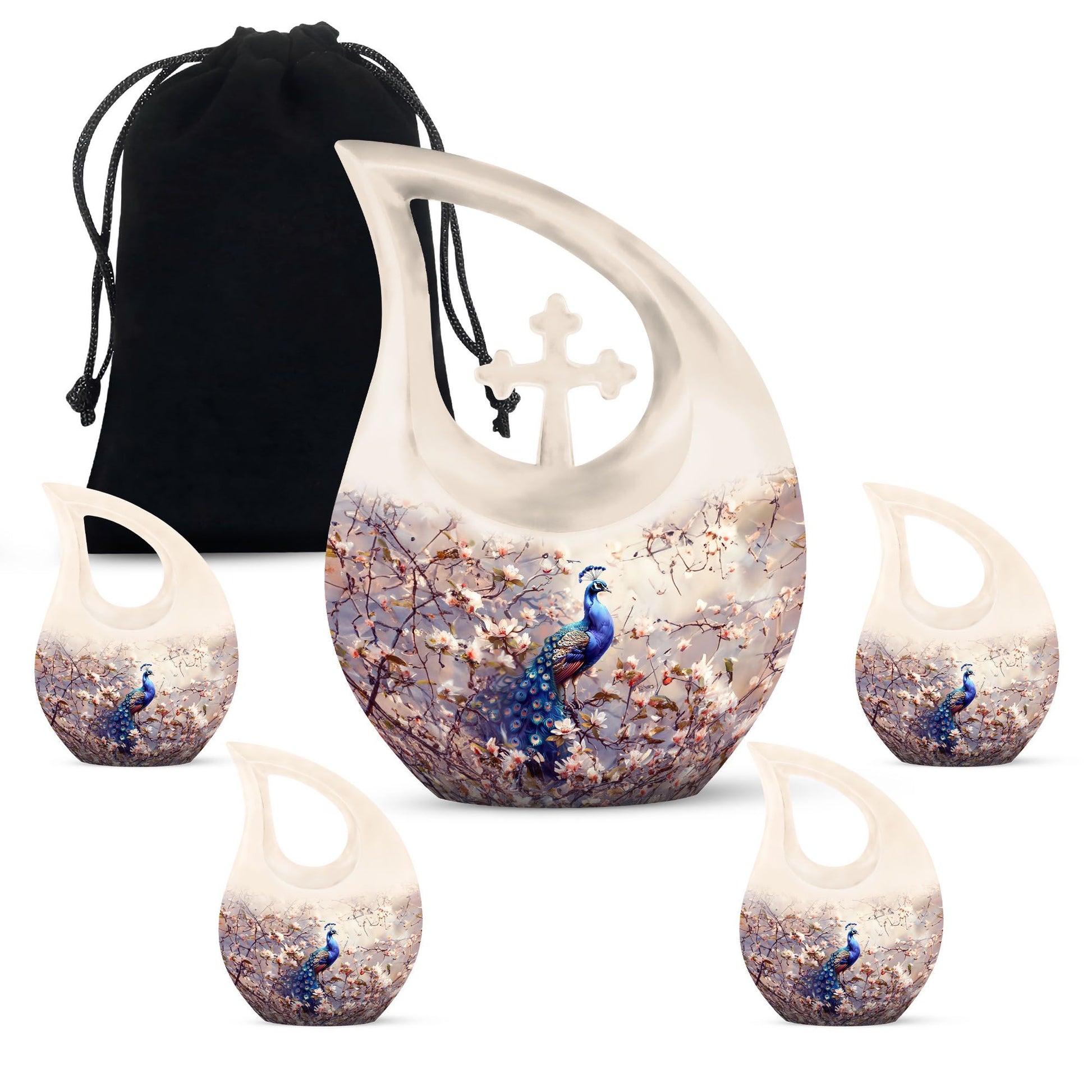 Peacock Theme Large Urn With 4 Keepsake Urn