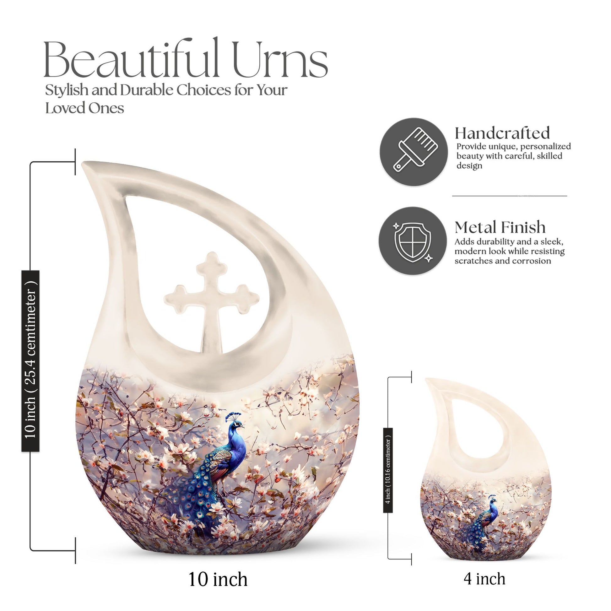 Double peacock urn with cross drop design