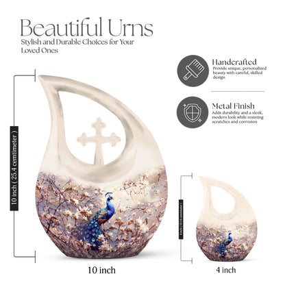 Double peacock urn with cross drop design