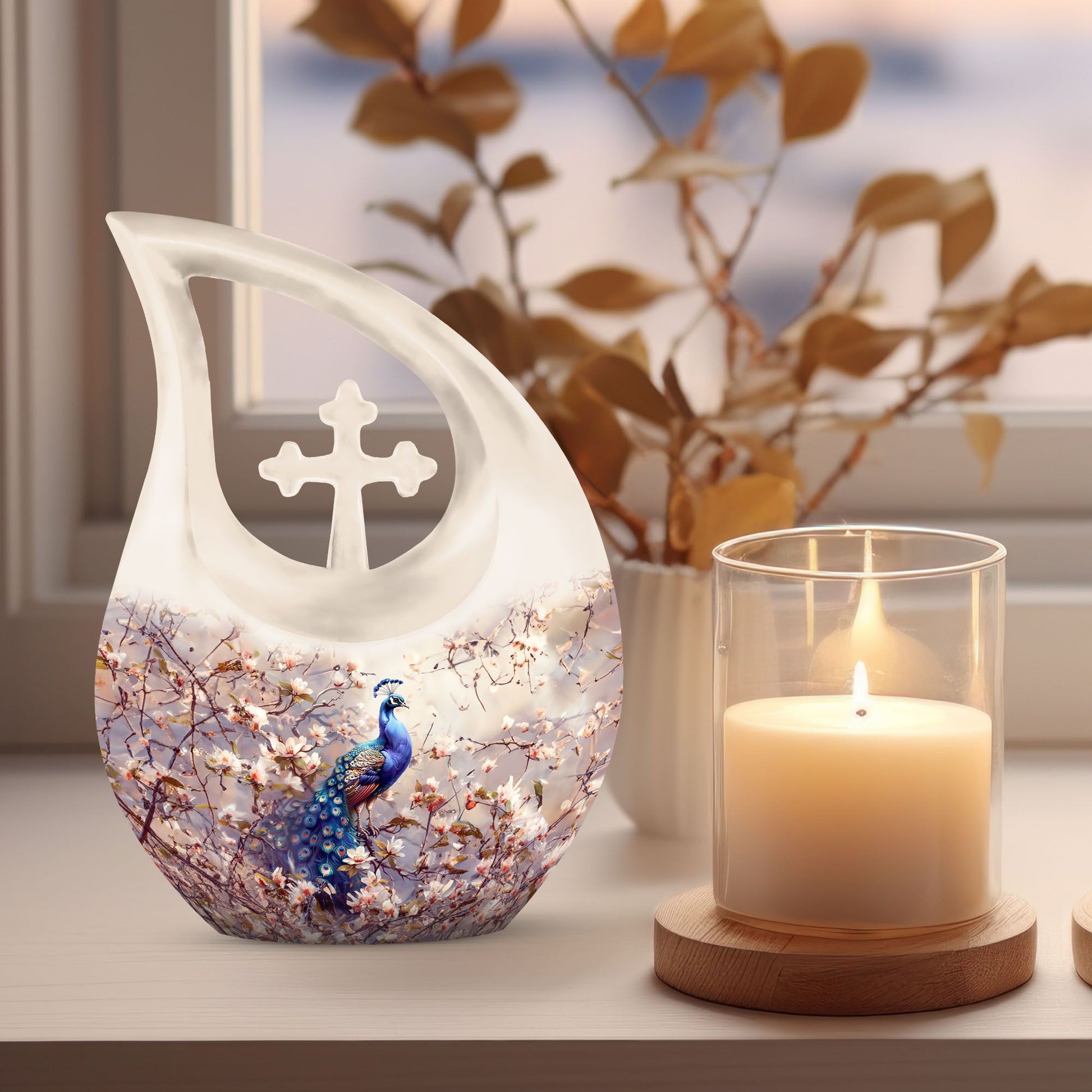 Double peacock urn with cross drop design