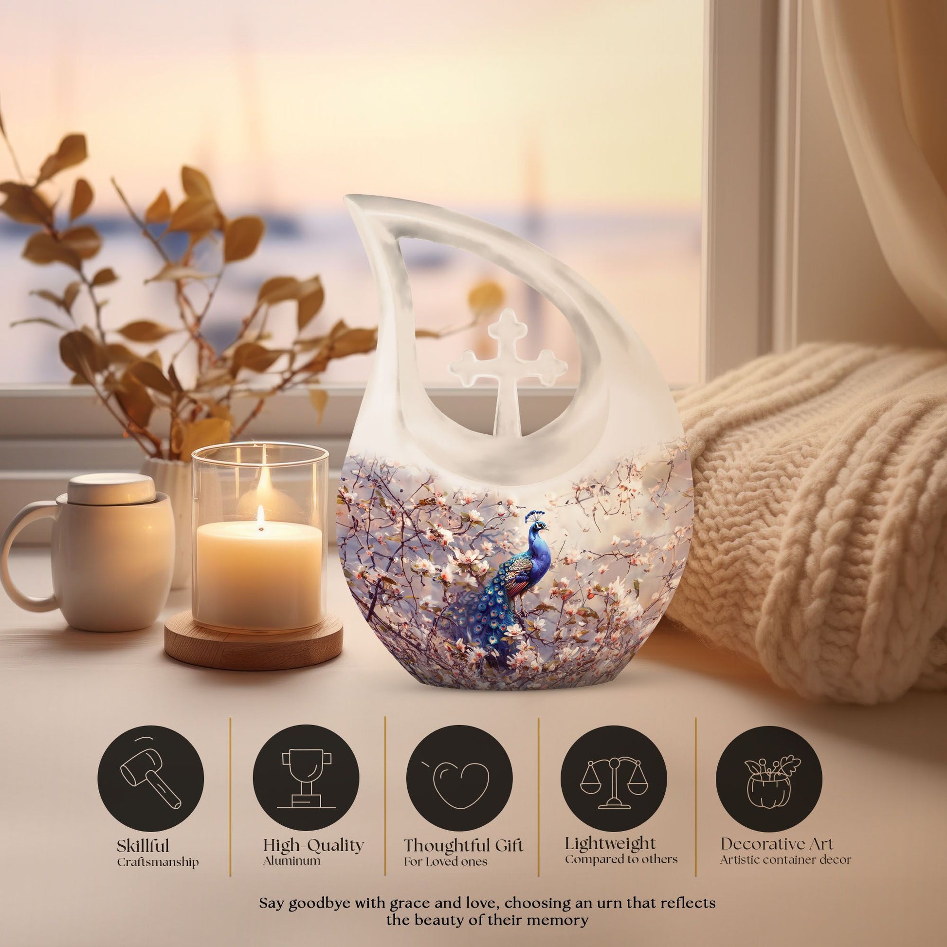 Double peacock urn with cross drop design