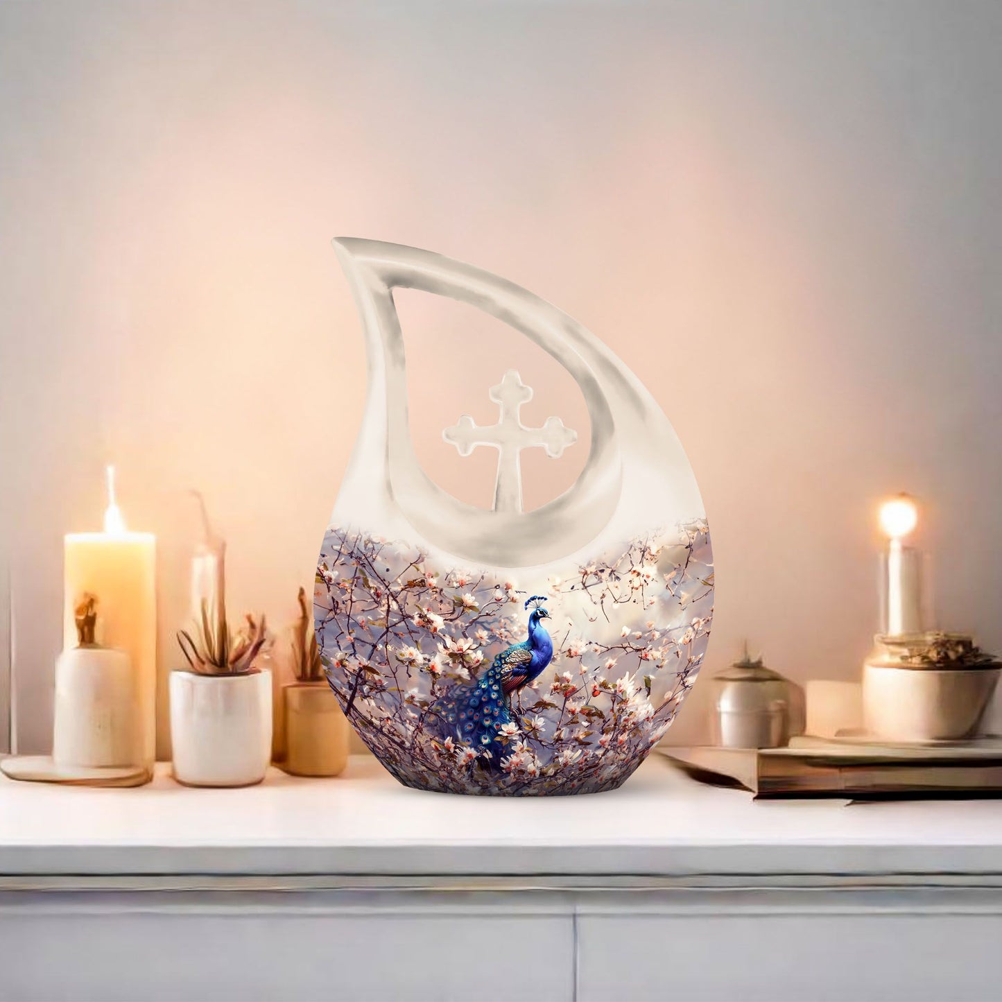 Double peacock urn with cross drop design