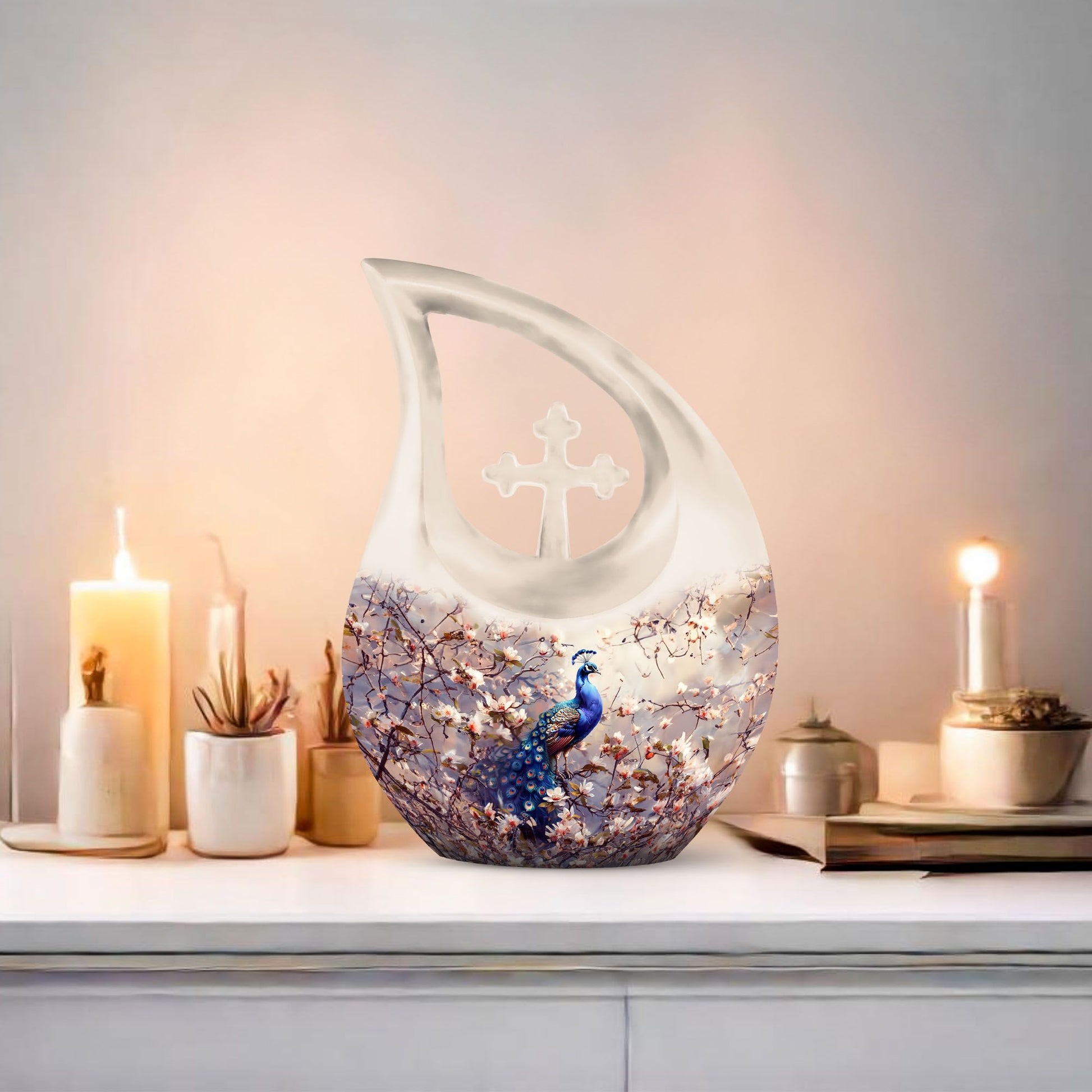 Double peacock urn with cross drop design