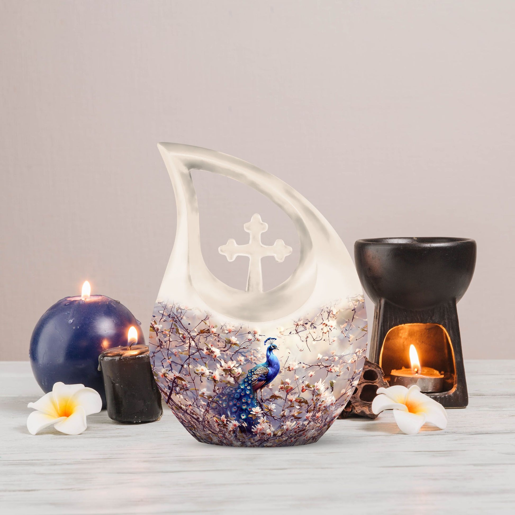 Double peacock urn with cross drop design