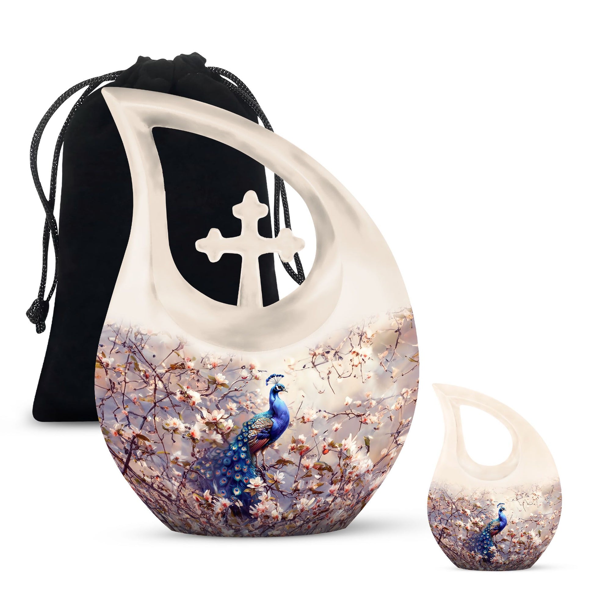 Double peacock urn with cross drop design