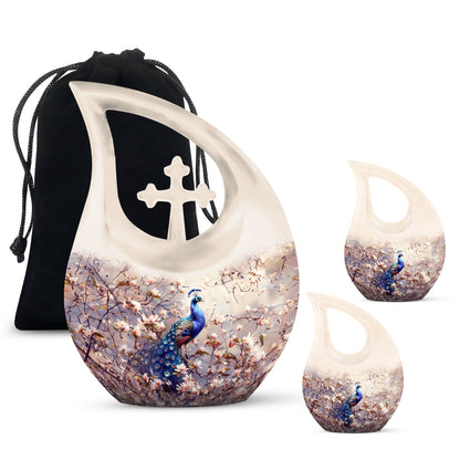 Double peacock urn with cross drop design