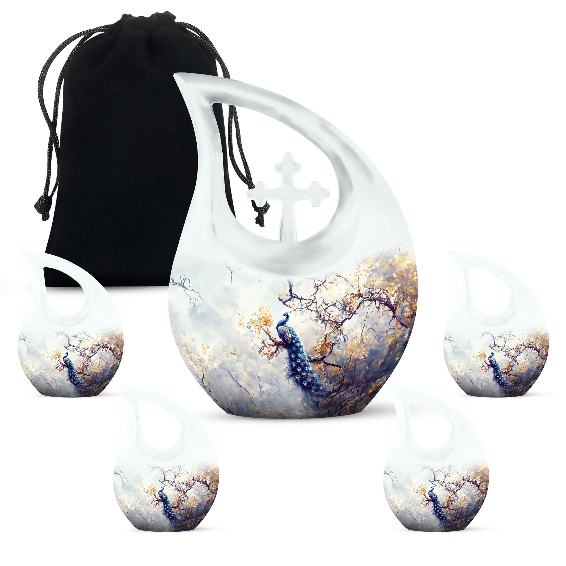 Peacock Theme Large Urn With 4 Keepsake Urn