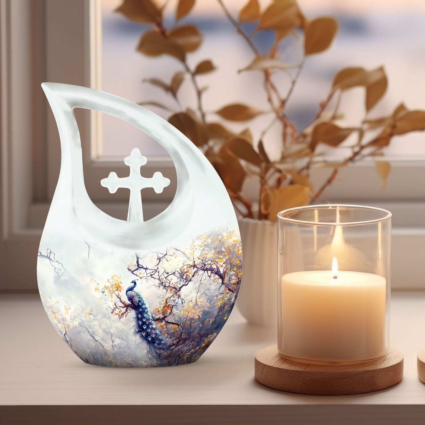 10 inch Peacock themed Cross Drop cremation urn