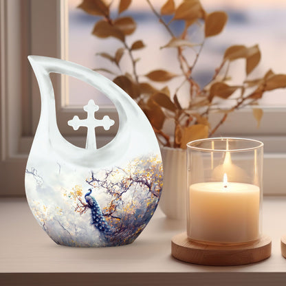 10 inch Peacock themed Cross Drop cremation urn