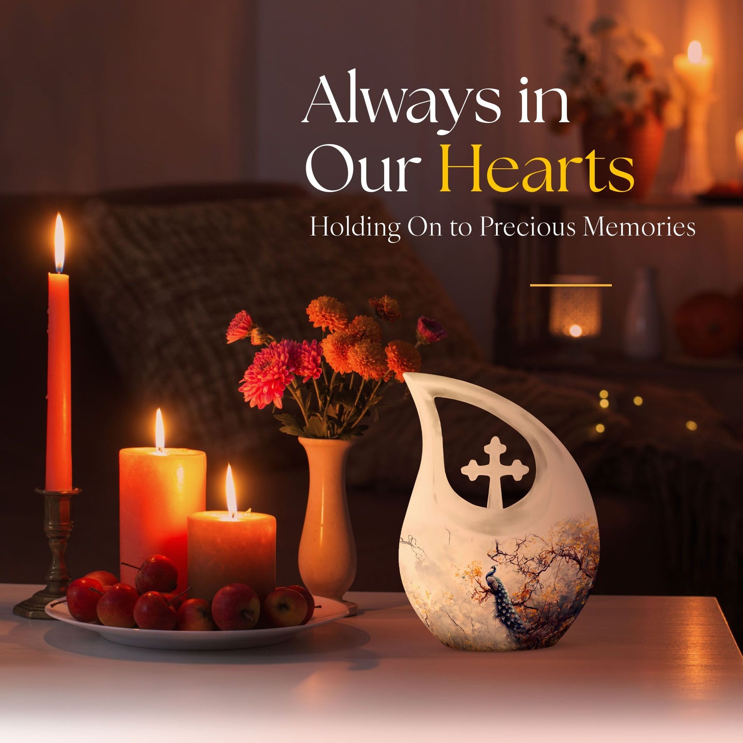 10 inch Peacock themed Cross Drop cremation urn