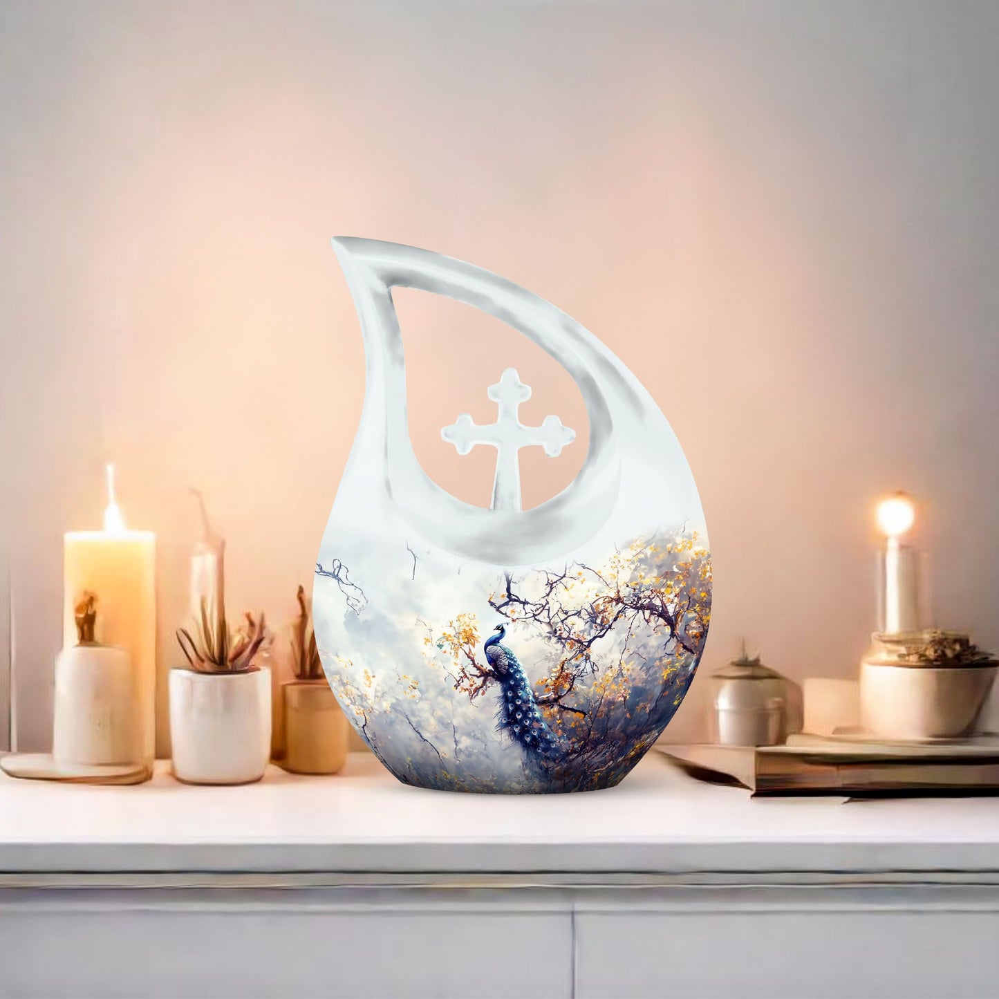 10 inch Peacock themed Cross Drop cremation urn