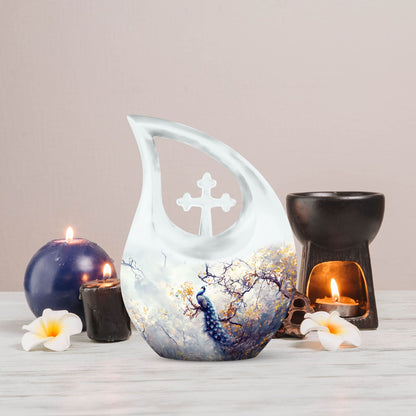 10 inch Peacock themed Cross Drop cremation urn