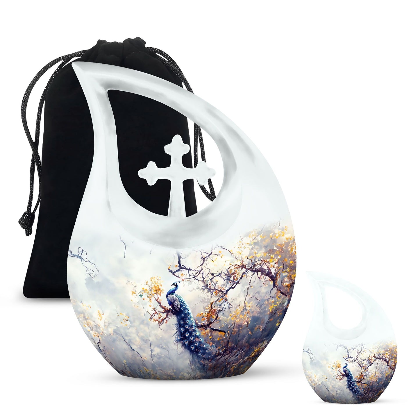 10 inch Peacock themed Cross Drop cremation urn