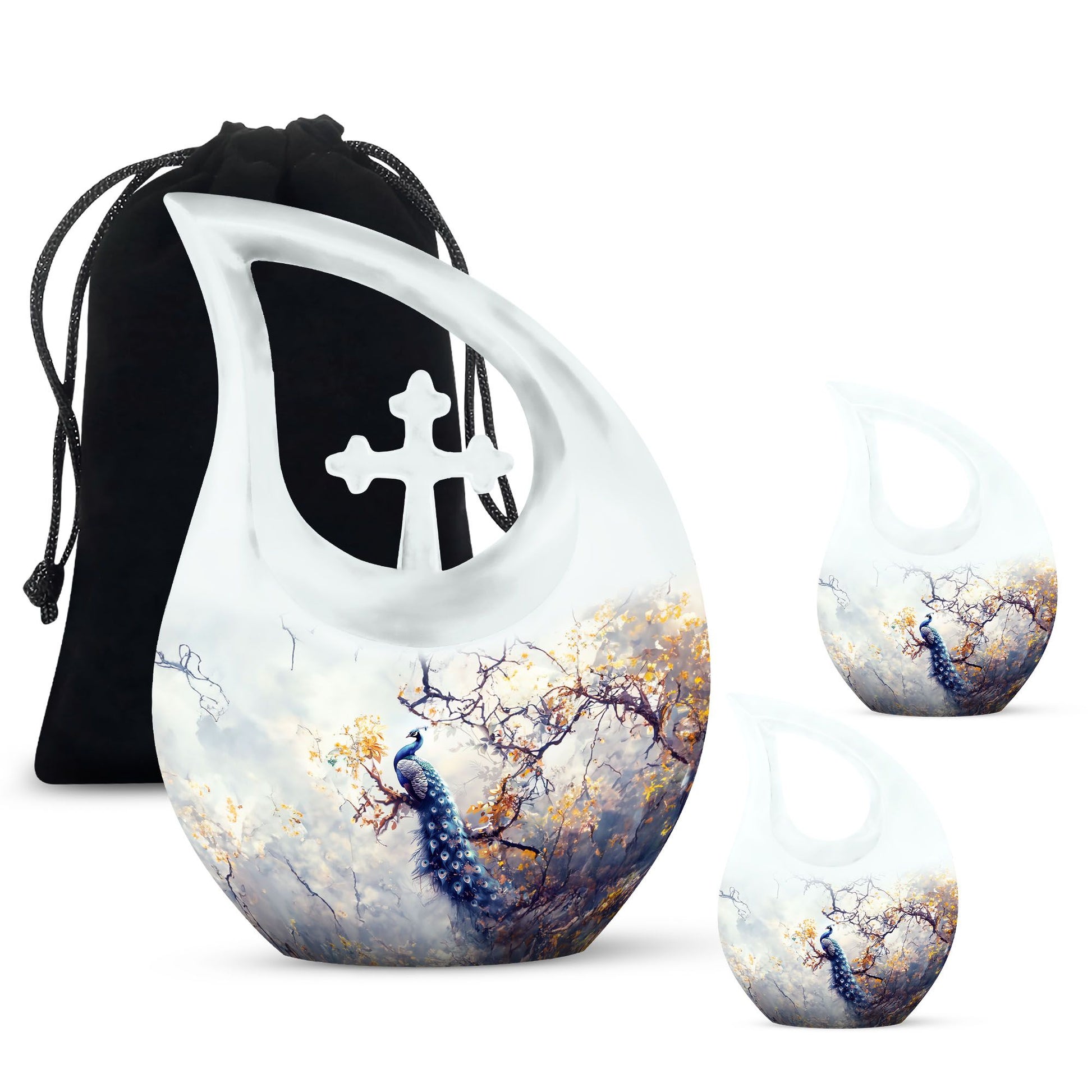 Peacock Theme Large Urn With 2 Keepsake Urn