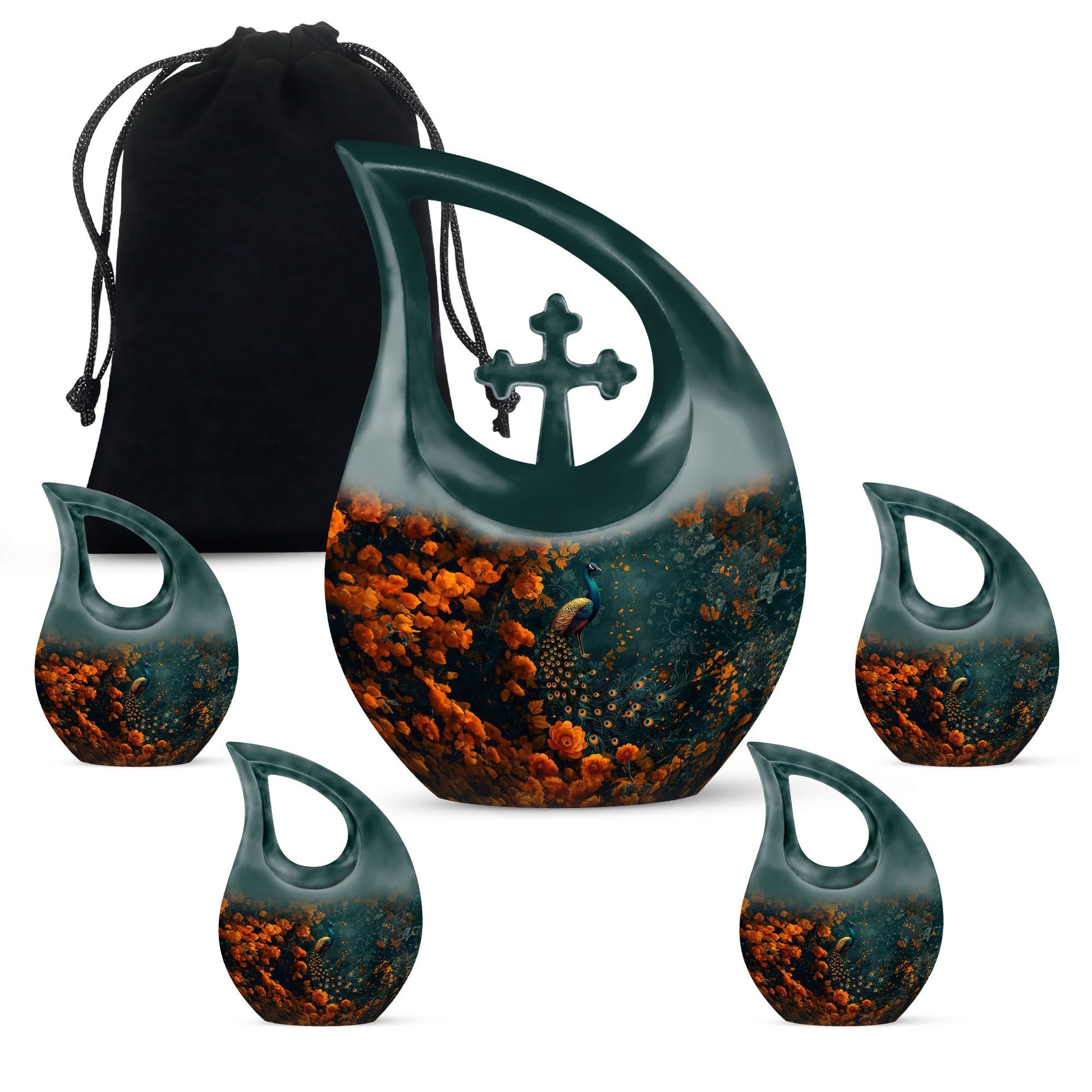 Peacock Theme Large Urn With 4 Keepsake Urn