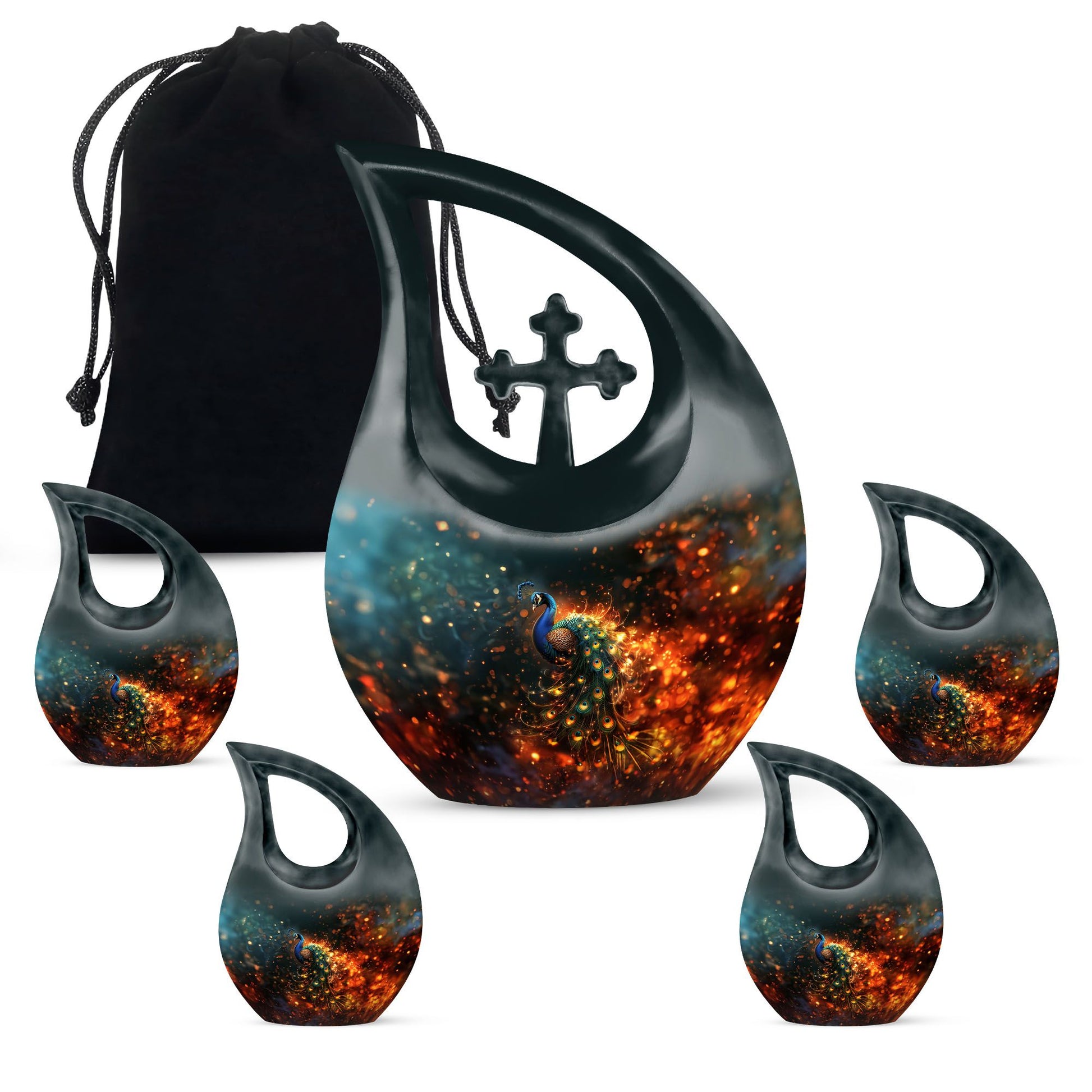 Peacock Theme Large Urn With 4 Keepsake Urn