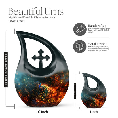 10 Inch Peacock Cross Drop Urn