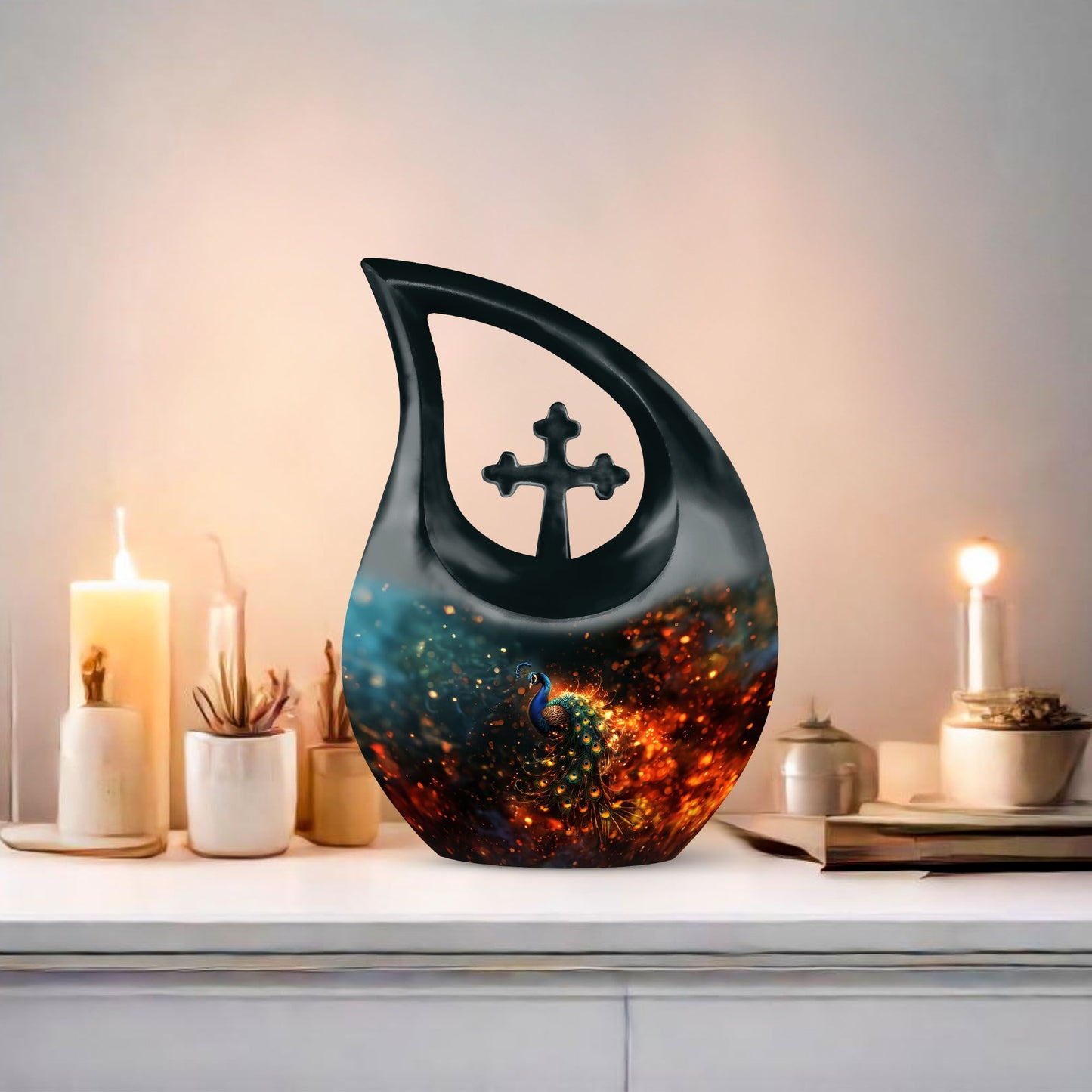 10 Inch Peacock Cross Drop Urn