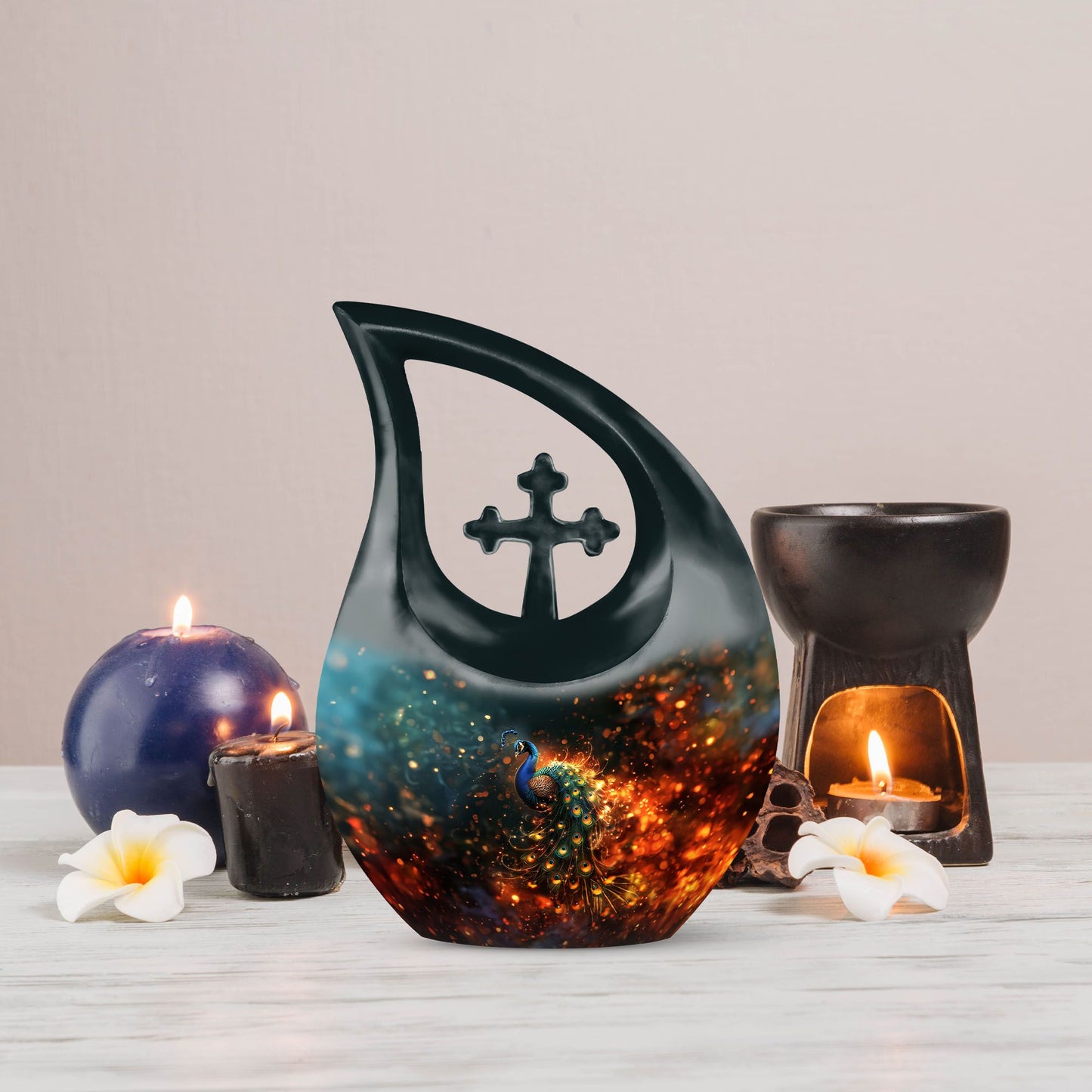 10 Inch Peacock Cross Drop Urn