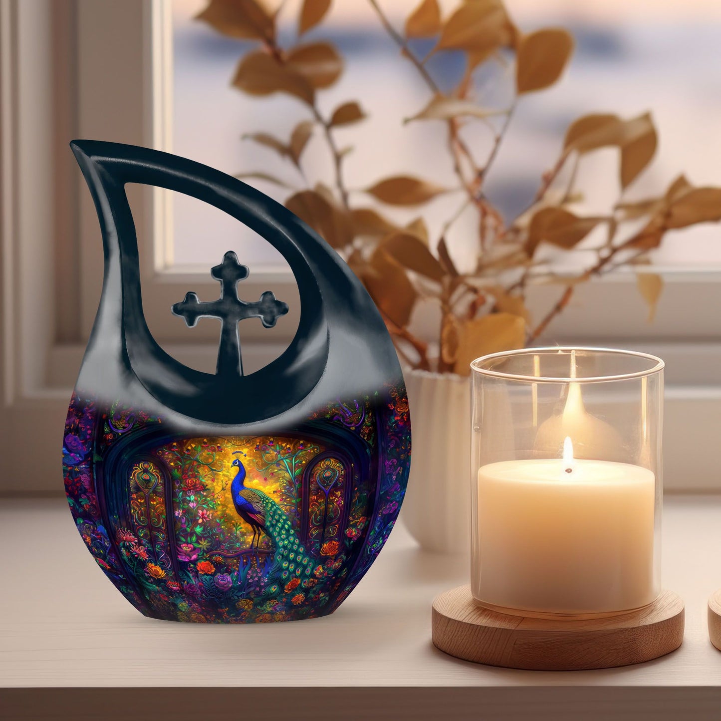 10-inch Peacock theme Cross Drop Cremation Urn
