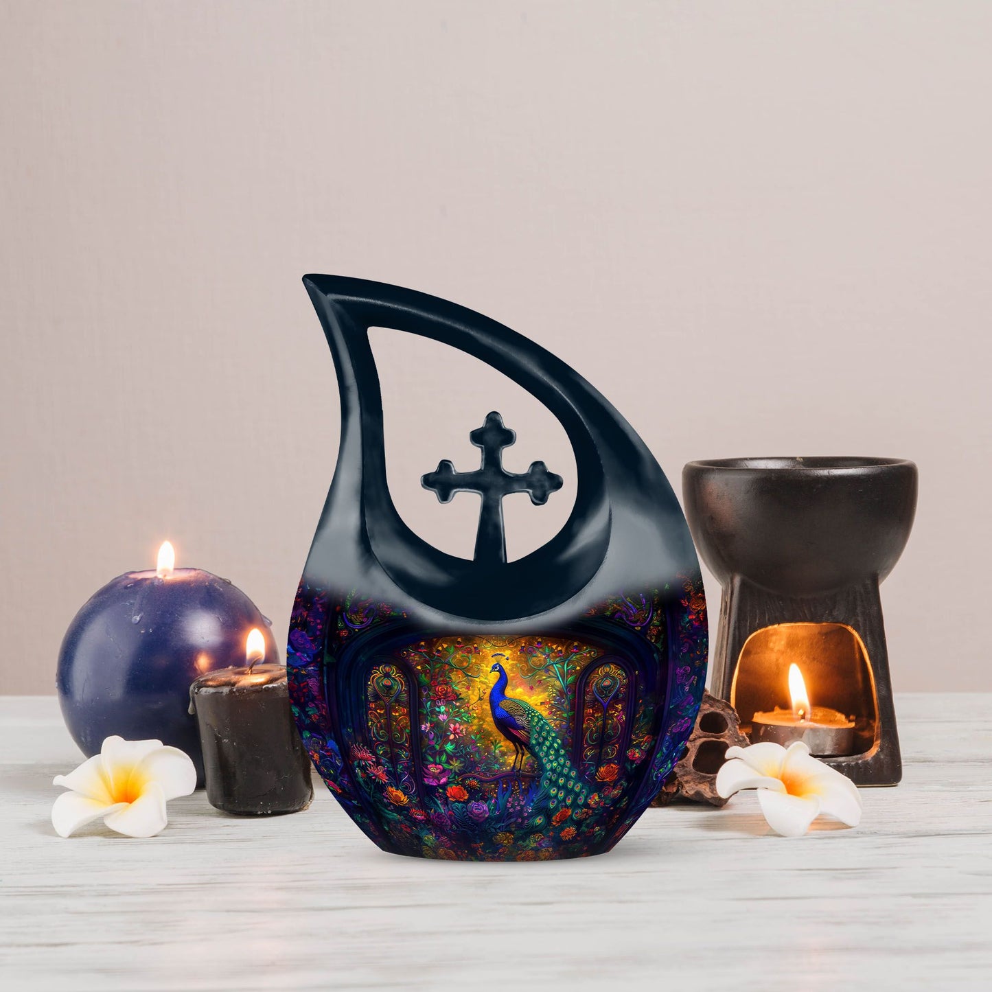 10-inch Peacock theme Cross Drop Cremation Urn