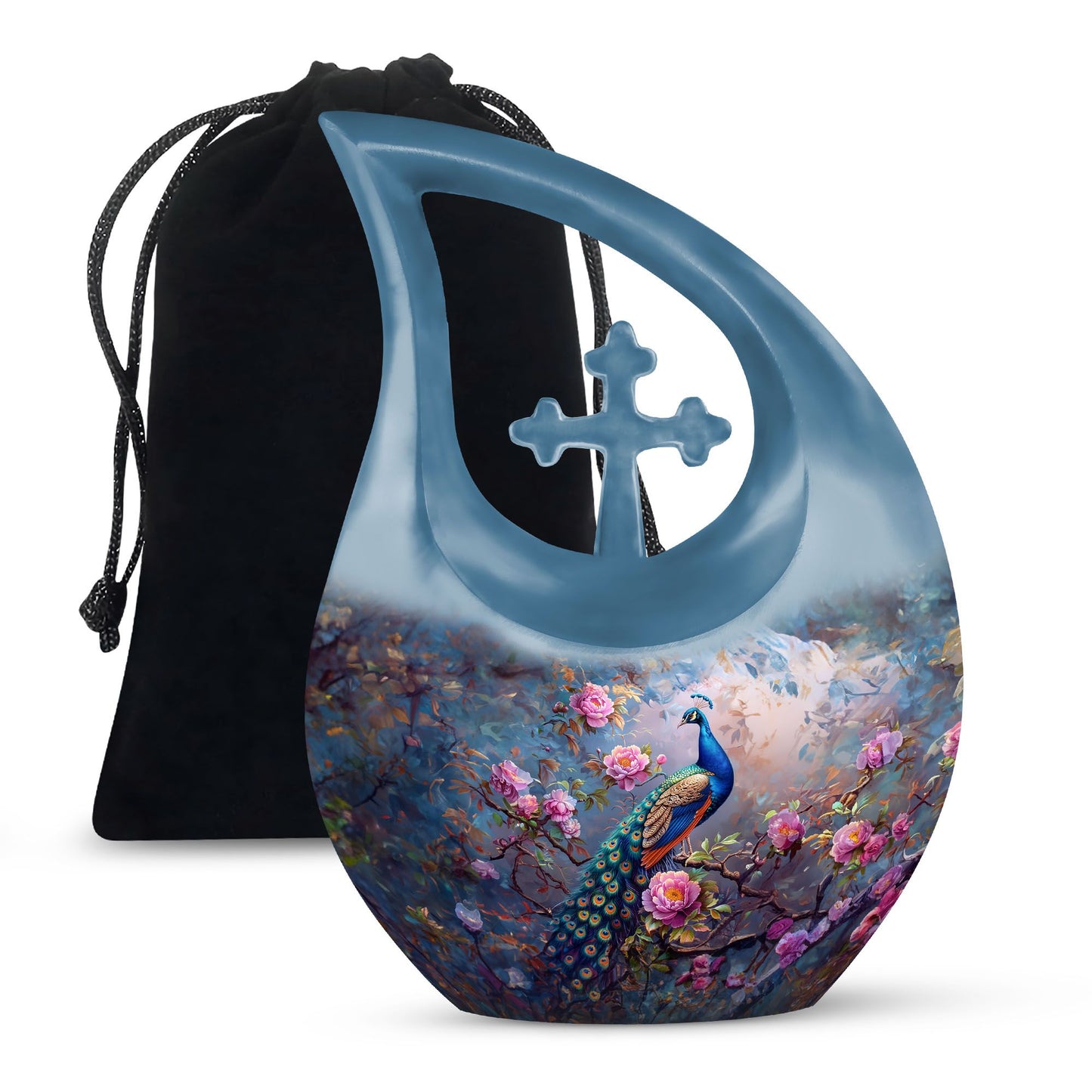 10-inch Peacock Urn with Cross Drop design