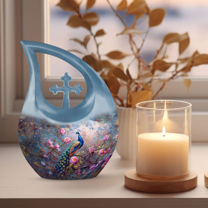 10-inch Peacock Urn with Cross Drop design