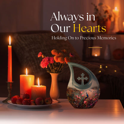 10-inch Peacock Urn with Cross Drop design