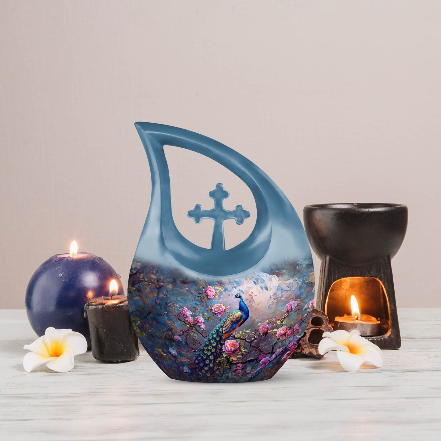 10-inch Peacock Urn with Cross Drop design