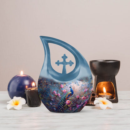 10-inch Peacock Urn with Cross Drop design