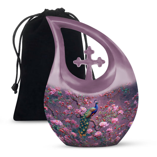 10-inch Pink Peacock Urn with Cross Drop Design,