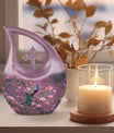 10-inch Pink Peacock Urn with Cross Drop Design,
