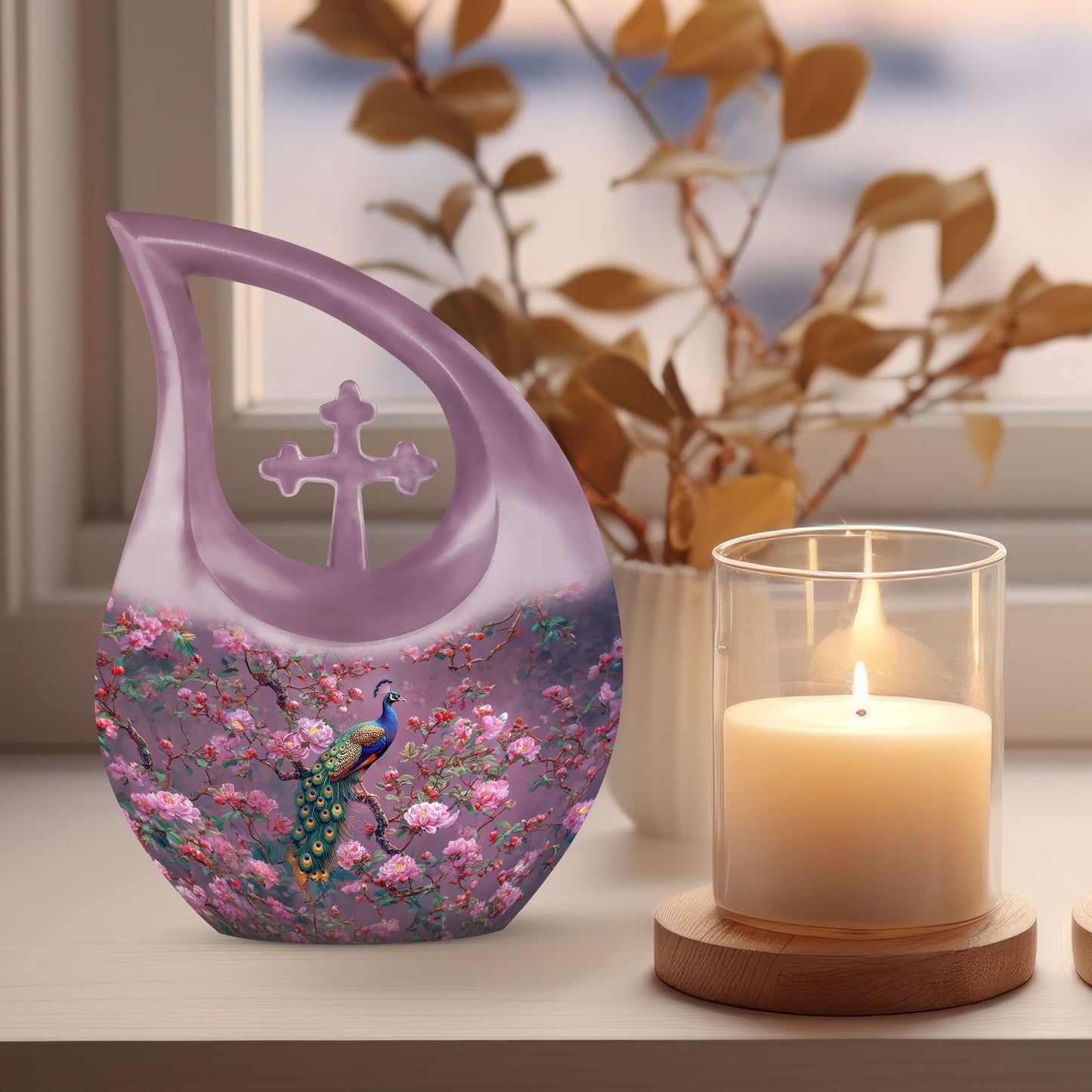 10-inch Pink Peacock Urn with Cross Drop Design,