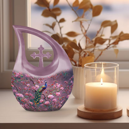 10-inch Pink Peacock Urn with Cross Drop Design,
