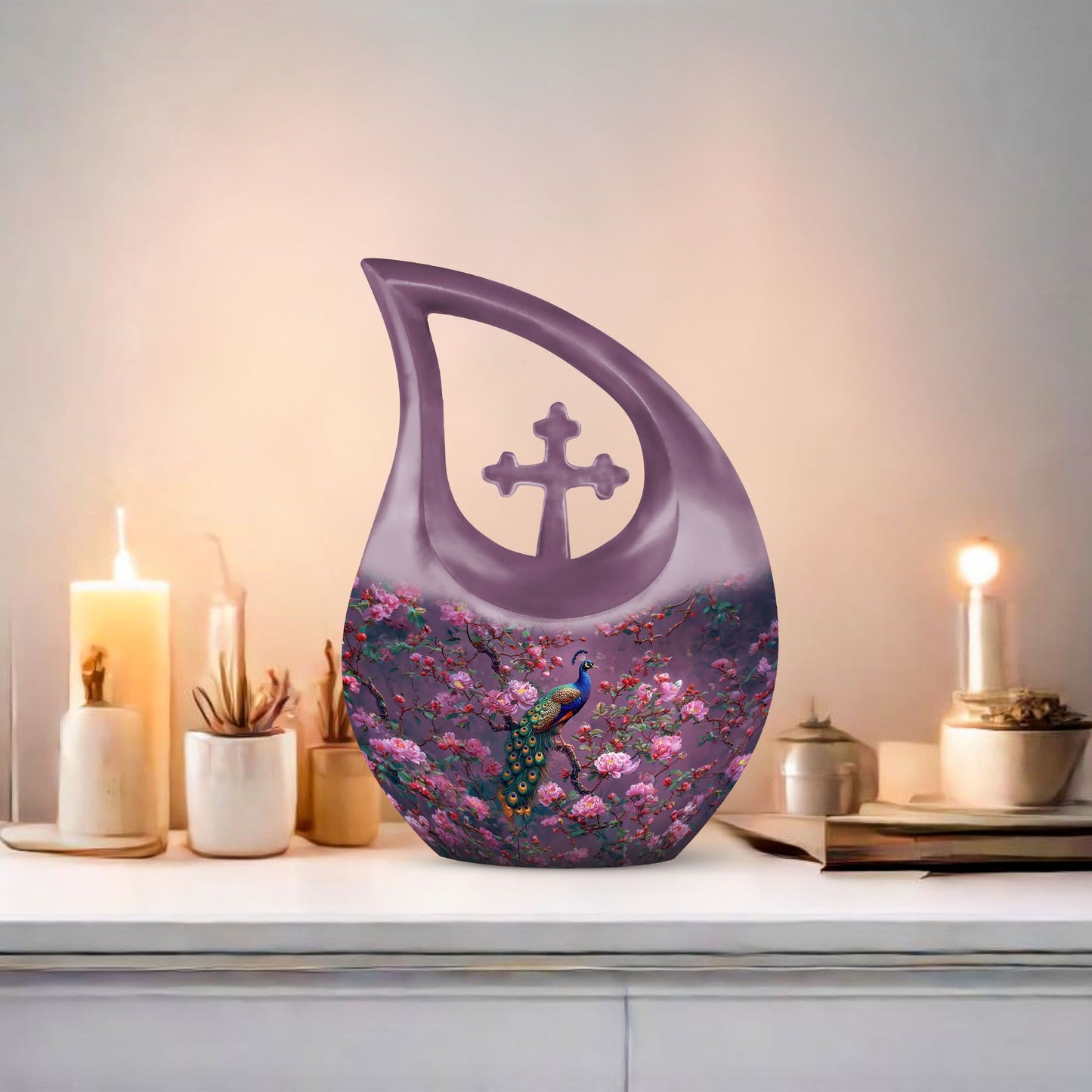 10-inch Pink Peacock Urn with Cross Drop Design,